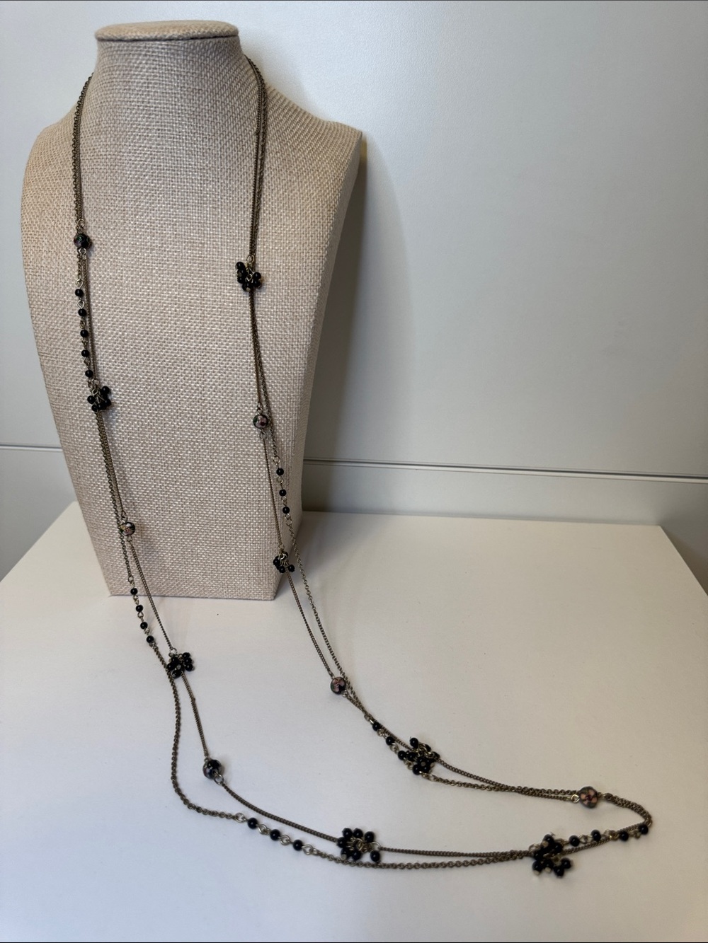 Long Layered Black Floral Station Necklace